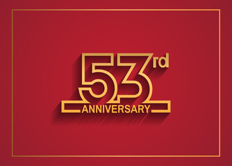 53 anniversary design with simple line style golden color isolated on red background