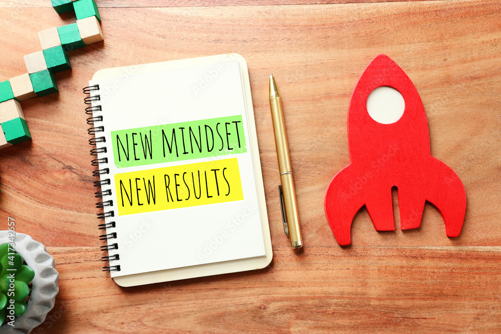 Poster concept image with new mindset new results text. top view of office table