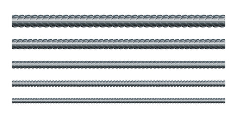 Vector illustration seamless steel rebars on white background. Set of realistic metal rods and bars for building and construction. Endless rebars. Metal reinforcement steel. Construction armature.