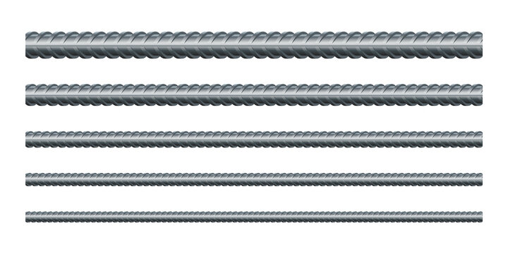 Vector illustration seamless steel rebars on white background. Set of realistic metal rods and bars for building and construction. Endless rebars. Metal reinforcement steel. Construction armature.