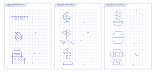 Logic game for kids on square paper. Worksheet for children coloring book. Repeat the image by example. Educational game for attention for children of kindergarten and preschool age.