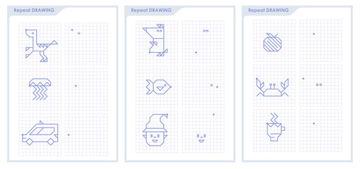 Connect dots with straight lines and draw icon. Worksheet for children coloring book. Repeat the image by example. Educational game for attention for children of kindergarten and preschool age.