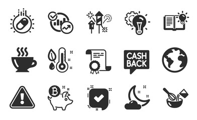 Capsule pill, Money transfer and Fireworks rocket icons simple set. Certificate, Idea gear and Thermometer signs. Cooking whisk, Coffee and World planet symbols. Flat icons set. Vector