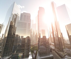 Skyscrapers, high-rise modern buildings, skyscrapers in the rays of the sun against the sky, 3D rendering