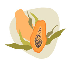 Illustration of papaya fruit with green leaves