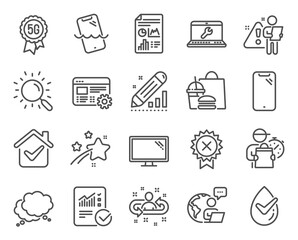 Technology icons set. Included icon as Checked calculation, Smartphone, Speech bubble signs. Report document, Web settings, Smartphone waterproof symbols. Reject medal, Recruitment, Search. Vector