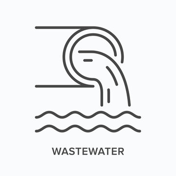 Wastewater flat line icon. Vector outline illustration of pipe and dirty water. Black thin linear pictogram for sewer tube