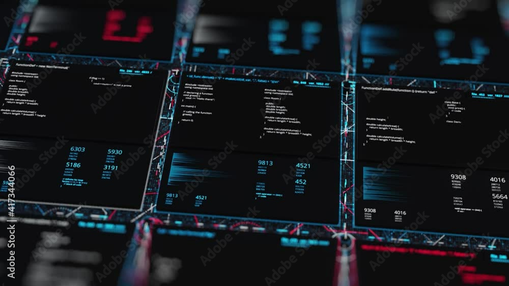 Poster Technological background with flying mosaic with glowing changing data. Animation. Digital surface of a computer screen, seamless loop.