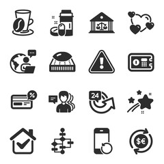 Set of Business icons, such as Heart, Court building, Money currency symbols. Coffee cup, Safe box, Recovery phone signs. Block diagram, Cashback, People. Medical drugs, 24 hours, Mattress. Vector