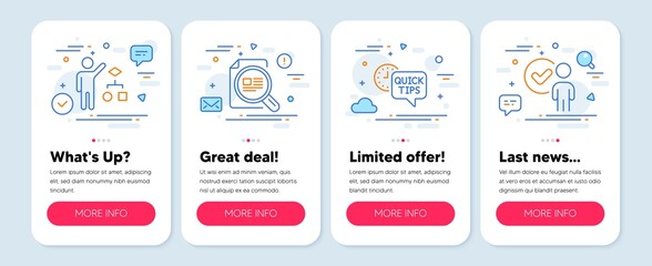 Set of Education icons, such as Check article, Algorithm, Quick tips symbols. Mobile screen app banners. Verification person line icons. Magnifying glass, Developers job, Helpful tricks. Vector