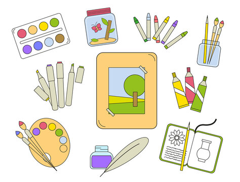 Art school icons set. Drawing accessories. Painter pack stuff. School supplies for children art and creative needs. Colorful flat style vector illustration icon set. For stationary or fabric design.