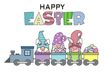 Fototapeta premium Happy easter card. Gnomes on a train with easter eggs. Isolated vector