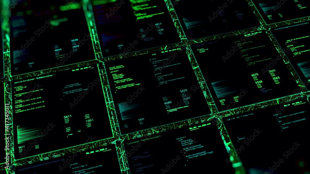 Poster abstract digital data with green matrix effect, seamless loop. animation. mosaic background with cha