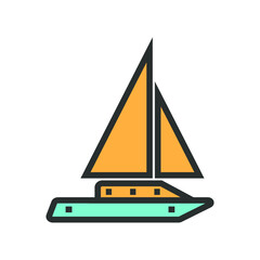Vector illustration of summer holidays attributes on background. A sailing ship or boat.	