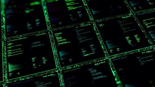 Abstract digital data with green matrix effect, seamless loop. Animation. Mosaic background with changing graphs and digits.