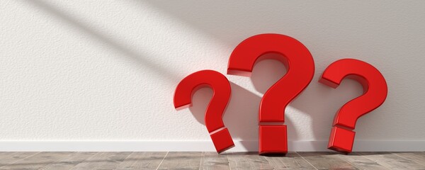 Three red question mark symbols leaning against white wall on wooden floor room with copy space, question, faq or brainstorming concept - obrazy, fototapety, plakaty