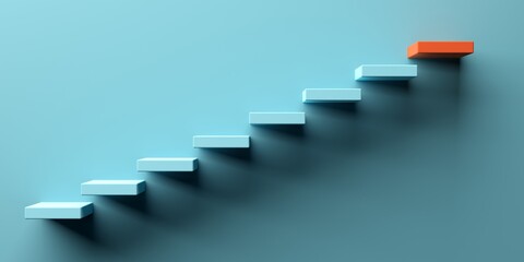 Blue stairs leading to orange top step, success, top level or career minimal modern concept - obrazy, fototapety, plakaty