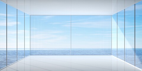 Abstract empty, modern room with windows with ocean view and shiny floor - industrial interior background template