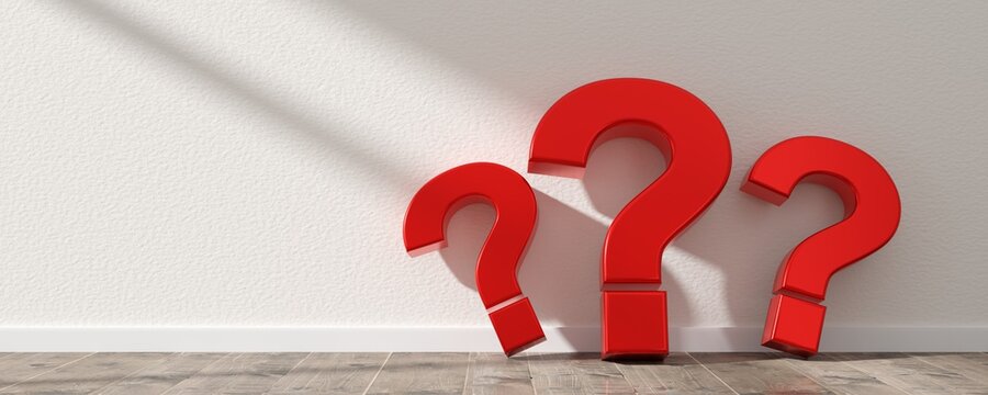 Three red question mark symbols leaning against white wall on wooden floor room with copy space, question, faq or brainstorming concept