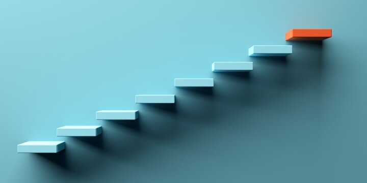 Blue stairs leading to orange top step, success, top level or career minimal modern concept