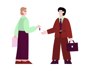Man seller or manager hands over the keys to client or buyer, cartoon vector illustration isolated on white background. Concept of sale conclusion and purchasing deal.