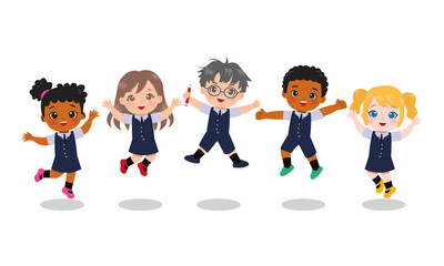 Cute kids in school uniform jumping together. Educational clip art. Flat vector cartoon isolated
