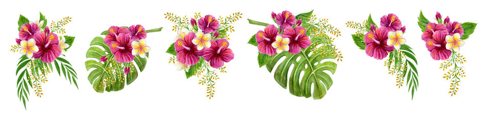 Set tropical bouquets of hibiscus rose, frangipani and greenery of monstera palm leaf and palm fronds. Exotic clipart hand drawn watercolor painting of natural leaves and flowers isolated on white - obrazy, fototapety, plakaty