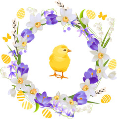Floral wreath with pretty chicken, daffodils and violet crocuses. Greeting template for festive cards, posters, Easter announcements.
