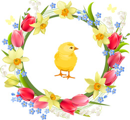 Floral wreath with pretty chicken, daffodils and red tulips. Greeting template for festive cards, posters, Easter announcements.