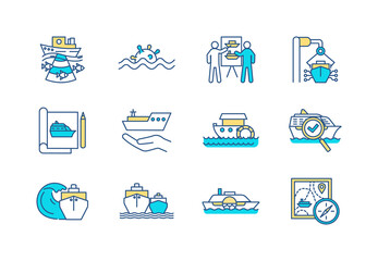 Marine engineering RGB color icons set. Floating structures development. Oceanography. Cruising. Marine safety. Sea vessels designing. Navy defense. Maritime travel. Isolated vector illustrations