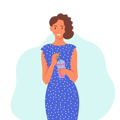 A young woman in a blue dress drinks a smoothie, fresh juice, a cocktail. The concept of proper nutrition, healthy lifestyle. Fat cartoon illustration.