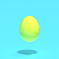 3D Render of flying colorful yellow egg on light blue background. Happy Easter concept.