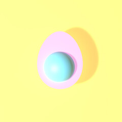 3D Render of pastel pink egg with blue yolk on yellow background. Happy Easter concept.  Minimalist.