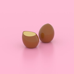 3D Render of two chocolate bitten eggs on pink background. Happy Easter concept. Minimalist.