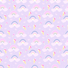 Seamless pattern for different types of printing. Cute illustration with ice cream and rainbow. Sweets.