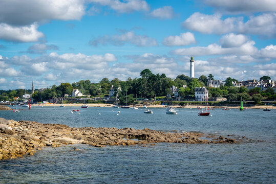 View of the Odet river with the lighthouse of B&eacute;nodet in Finist&egrave;re, Brittany, France