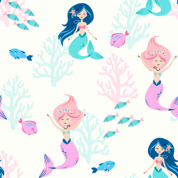 Seamless pattern, children's illustration on the marine theme. Mermaid and fish.