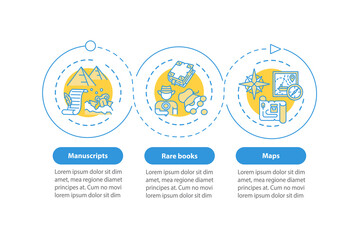 Rare books vector infographic template. First editions presentation design elements. Data visualization with 3 steps. Online library. Process timeline chart. Workflow layout with linear icons