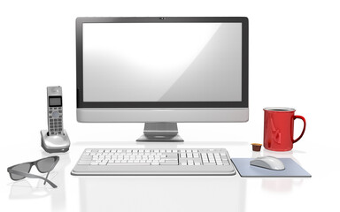 3d PC Tastatur mit Monitor, Mouse, Telefon und Kaffeetasse, Homeoffice, isoliert
