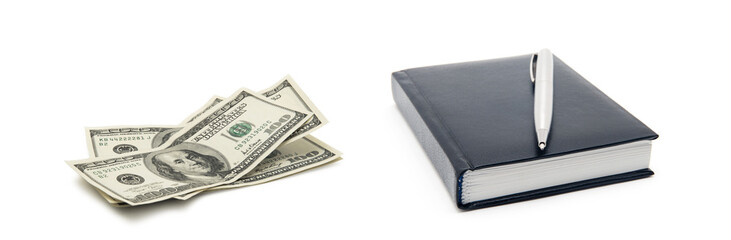 American dollars and black notebook on a white background