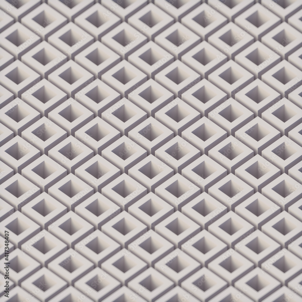 Poster Abstract geometric pattern of white boxes. Isometric view. Depth of field. 3d rendering digital illustration