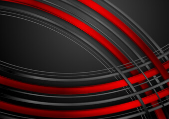 Red and black abstract glossy wavy stripes technology background. Vector design