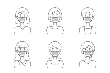 マスクをする困った表情の女性のベクターイラストセット