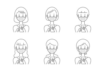 不安な表情でスマートフォンを操作するマスクをした女性のベクターイラストセット	