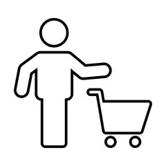 Shopping icon vector male person with cart outline symbol in a flat color glyph pictogram illustration