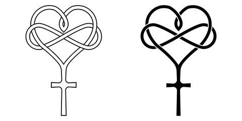 Sign of infinite love for God, heart with infinity symbol and cross, vector tattoo logo love and faith for God