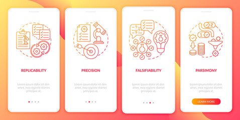 Scientific method requirements onboarding mobile app page screen with concepts. Parsimony money walkthrough 4 steps graphic instructions. UI vector template with RGB color illustrations