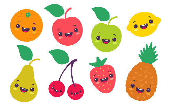 Vector set flat illustration of a fruits in kawaii style.