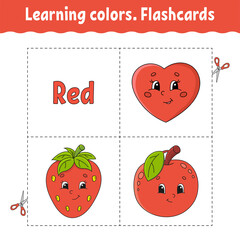 Learning colors. Flashcard for kids. Cute cartoon characters. Picture set for preschoolers. Education worksheet. Vector illustration.
