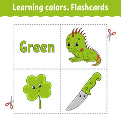 Learning colors. Flashcard for kids. Cute cartoon characters. Picture set for preschoolers. Education worksheet. Vector illustration.
